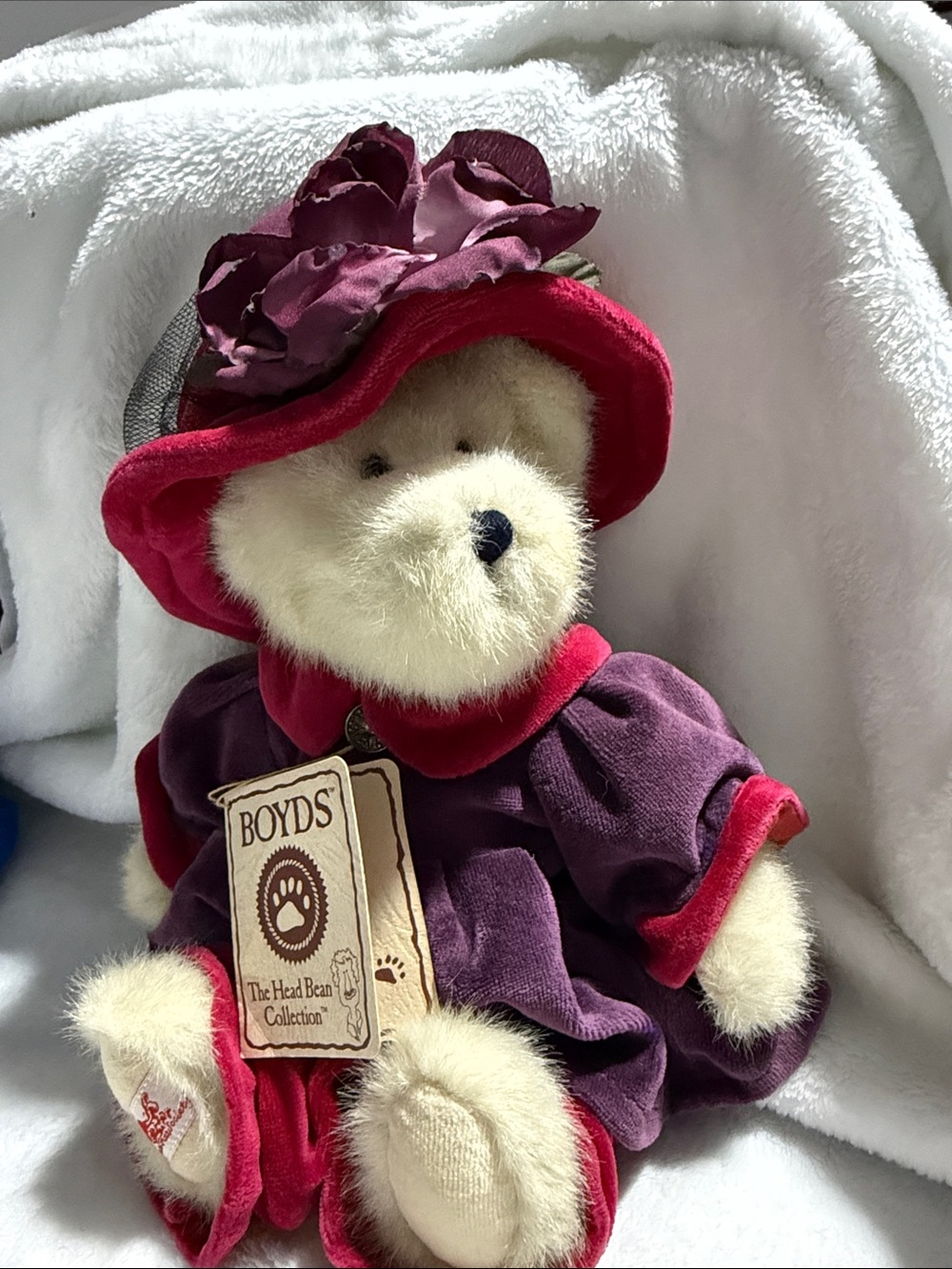 Boyds Bears Plush in Purple Dress with Red Trim